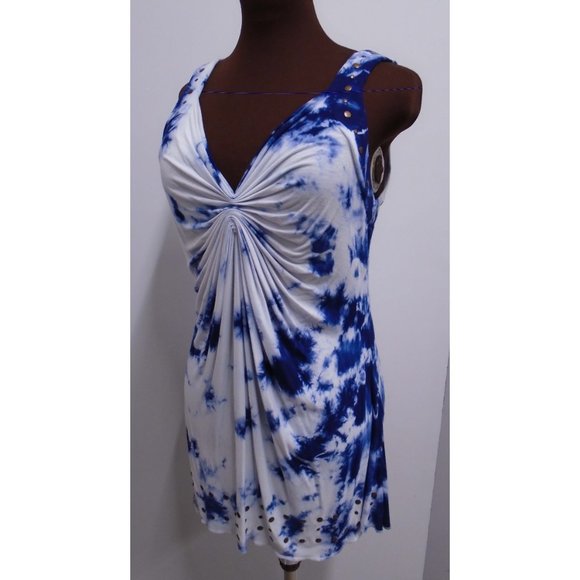 NWOT  ASH AND SARA BLUE AND WHITE TIE DYE TANK TOP SIZE MEDIUM STUDDED SEXY - Picture 2 of 6